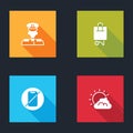 Set Pilot, Suitcase, No cell phone and Sun and cloud weather icon. Vector