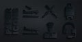 Set Pilot, Suitcase, Plane, Headphones with microphone, Marshalling wands and landing icon. Vector