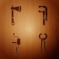 Set Pincers and pliers, Wooden axe, Hand drill and Clamp tool on wooden background. Vector