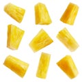 Set of pineapple chunks or pineapple slices isolated on white