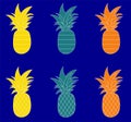 Set of pineapples with different pattern. six exotic fruits on blue isolated background. Vector illustration Royalty Free Stock Photo