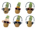 set of pineapples in glasses, headphones, headset isolated on white background