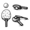 Set ping pong sketch isolated. Vintage sport elements for table tennis hand drawn style