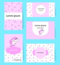 Set Pink baby shark girl card for birthday. Cartoon character fish. Template with spase for text. flyer, decoration party