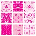 Set of Pink backgrounds with Princess crowns. Seamless backdrop