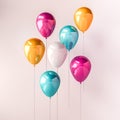 Set of pink, blue and orange glossy balloons on the stick on isolated white background. 3D render for birthday, party, wedding or Royalty Free Stock Photo
