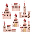 Set of pink castles of fairy tales in white background