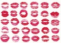 Set with pink color lipstick kiss marks on white background.