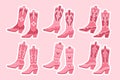 Set of pink cowgirl boots. Pink cowgirl boots with decorative details. Various cowgirl boots, stickers. Cowboy western theme