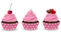 Set pink cupcakes with cherry and hearts for valentine`s day