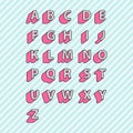 Set of pink cute english alphabet capital letters in style lol doll surprise on blue stripes background Royalty Free Stock Photo