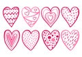 A set of pink decorative hand-drawn hearts Royalty Free Stock Photo