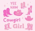 set of pink different cowboy boots, hat, inscription. the concepts of the cowboy western and the wild West. vector