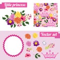 Set of pink floral elements with crown. Collect Royalty Free Stock Photo