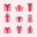 Set of pink gift boxes with bows and ribbons. Happy Valentines day. Cute romantic collection. Vector Illustration in Royalty Free Stock Photo