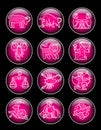 Set of pink glossy round icons with white linear zodiacal symbol