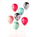 Set of pink, green and silver glossy balloons on the stick on isolated white background. 3D render for birthday, party, wedding or