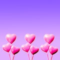 Set of pink hearts isolated on purple background and copy space. Flat lay