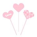 Set of pink hearts for lovers on stick holders with text, plain and polka dots