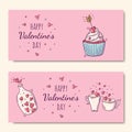 Set of pink horizontal banners with bottle and cups and cupcake in doodle style