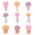 A set of pink, lilac and yellow bouquets of dried flowers in vases and baskets. Hand-drawn watercolor illustration