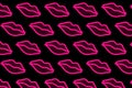 Set pink lips on black background isolated. Pattern kiss. Beautiful female lips glow with neon light. Lipstick, pomade.