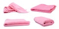 Set with pink microfiber cloths on white background Royalty Free Stock Photo