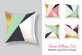 Set Of Pink and Mint Green Throw Pillows In Matching Unique Modern Abstract Geometric Triangles Patterns. Square Shape