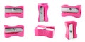Set with pink pencil sharpeners on white background. Banner design Royalty Free Stock Photo