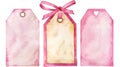 Set of pink price tags. Pink tags with a ribbon bow, and heart-shaped hole.