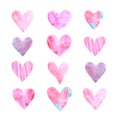 Set of pink red and blue watercolor hearts. Perfect for creating romantic postcards and Valentines Day decor. Hand drawn. Isolated Royalty Free Stock Photo