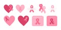 Set of pink ribbon and heart icons. Pink October, Breast Cancer Awareness sign and symbol. Awareness ribbons. Royalty Free Stock Photo