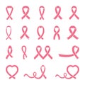 Set of pink ribbons for breast cancer awareness. Vector illustration on white isolated background Royalty Free Stock Photo