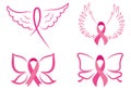 Set of pink ribbons with wings. Breast cancer awareness ribbons collection. Vector illustration for health. Royalty Free Stock Photo