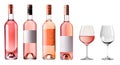 Set of pink rosÃ© rose wine bottle with blank label and wine glass filled and empty on transparent background cutout, PNG Royalty Free Stock Photo