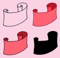 A set of pink scrolls icons. Collection of doodle-style scrolls with ribbon isolated black outline and silhouette on light , with