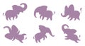 Set of pink silhouettes of little elephants. Cute cartoon elephants in different poses. Vector illustration isolated on