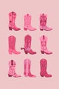 Set of pink trendy cowgirl boots. Vector graphics