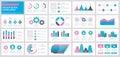 Set of pink, turquoise, blue and dark grey elements for multipurpose presentation template slides with graphs and charts Royalty Free Stock Photo