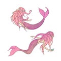 Set of pink vector mermaids. Mythical sea creatures isolated on Royalty Free Stock Photo