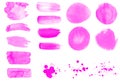 Set of 16 pink watercolor brushes for painting. Beautiful smears, strokes, blot, spots, drops, brushes. Circle and lines brushes Royalty Free Stock Photo