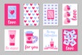 Set of pink, white and blue colored cards for Valentine`s Day or wedding. Vector flat design isolated on gray background