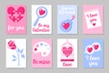 Set of pink, white and blue colored cards for Valentine`s Day or wedding. Vector flat design isolated on gray background