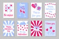 Set of pink, white and blue colored cards for Valentine`s Day or wedding. Vector flat design isolated on gray background