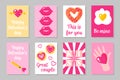 Set of pink, white and yellow colored cards for Valentine`s Day or wedding. Vector flat isolated design