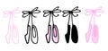 a set of pink women's ballet shoes on a ribbon with a pink bow in a flat style. Isolated collection of children's pointe Royalty Free Stock Photo