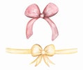 Set of Pink and yellow gift bow in watercolor. Hand drawing decorative bow elements, party decor illustration