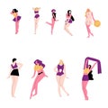 Set of pinup girls in sexy costumes in traditional drawing style