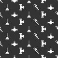 Set Pipe adjustable wrench, Industry pipe and valve, Rubber plunger and Industry metallic pipe on seamless pattern Royalty Free Stock Photo