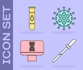 Set Pipette, Blood test and virus, DNA spiral and computer and Virus icon. Vector